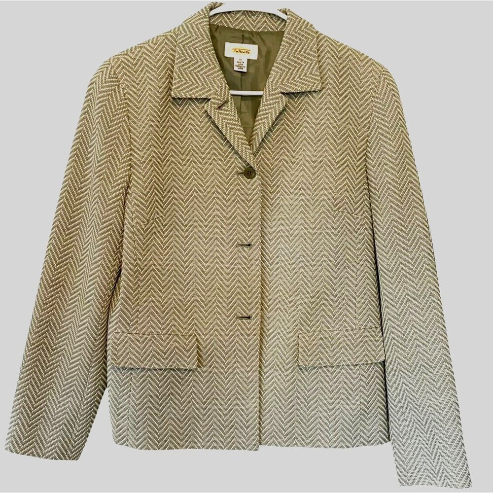 Talbots Blazer Green Button Up Wool Silk Blend Diamond Print Size 10 Career VTG